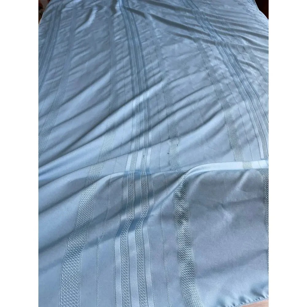 Vintage Blue Woven Damask Tablecloth Rectangular Striped 1980s Fabric Craft